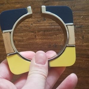Vtg Mod Navy Yellow Enamel Wood Bracelet Cuff